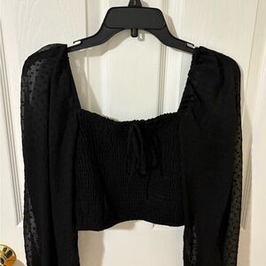 Black Puff Sleeve Smocked Crop Blouse